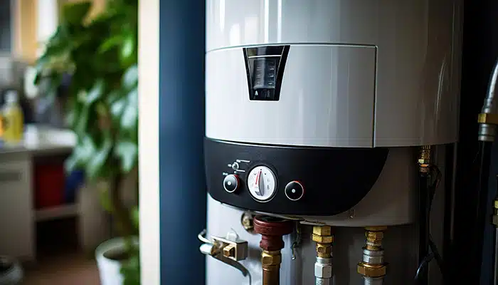 Modern wall-mounted gas water heater in the bathroom